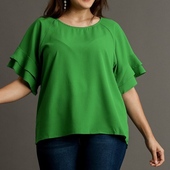 Layered Ruffle Sleeve Top / Blouse - Boxy Cut - Wide Round Neck - Grass Green - Picture 7 of 10